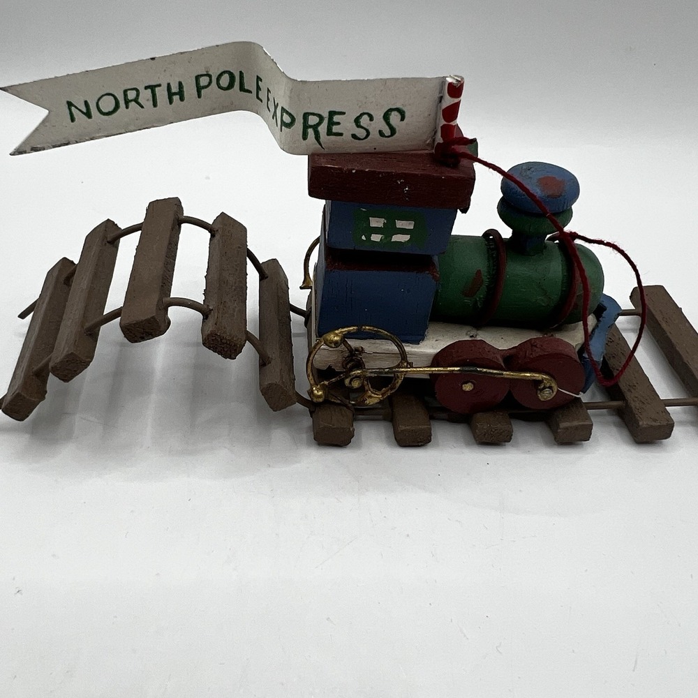 Vtg Wood Train On Tracks Ornament North Pole Express 3x6.5" 1990s
